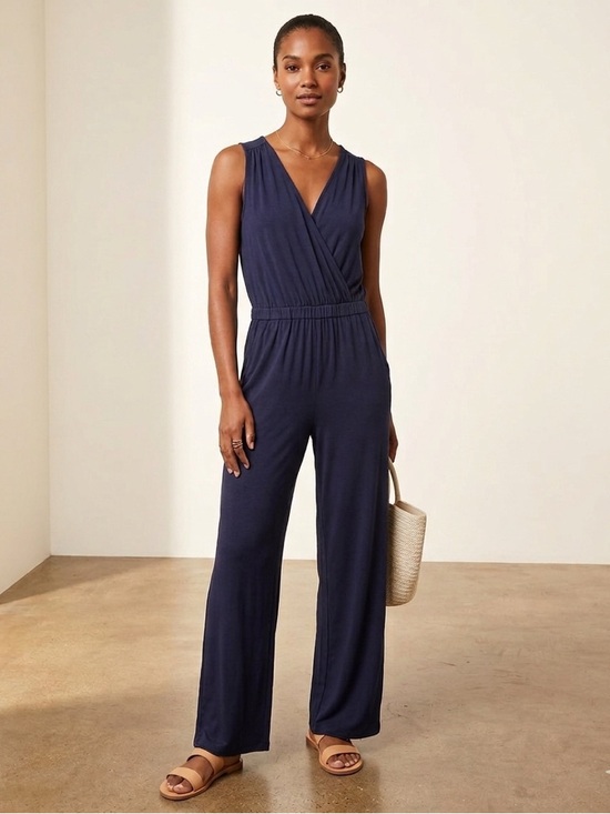 LOFT Pants - LOFT Beach Navy Blue Sleeveless Wrap Front Jumpsuit Pockets Size Small